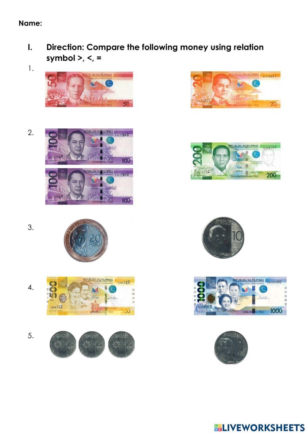Comparing Philippine Money Ruthaporto Live Worksheets Library