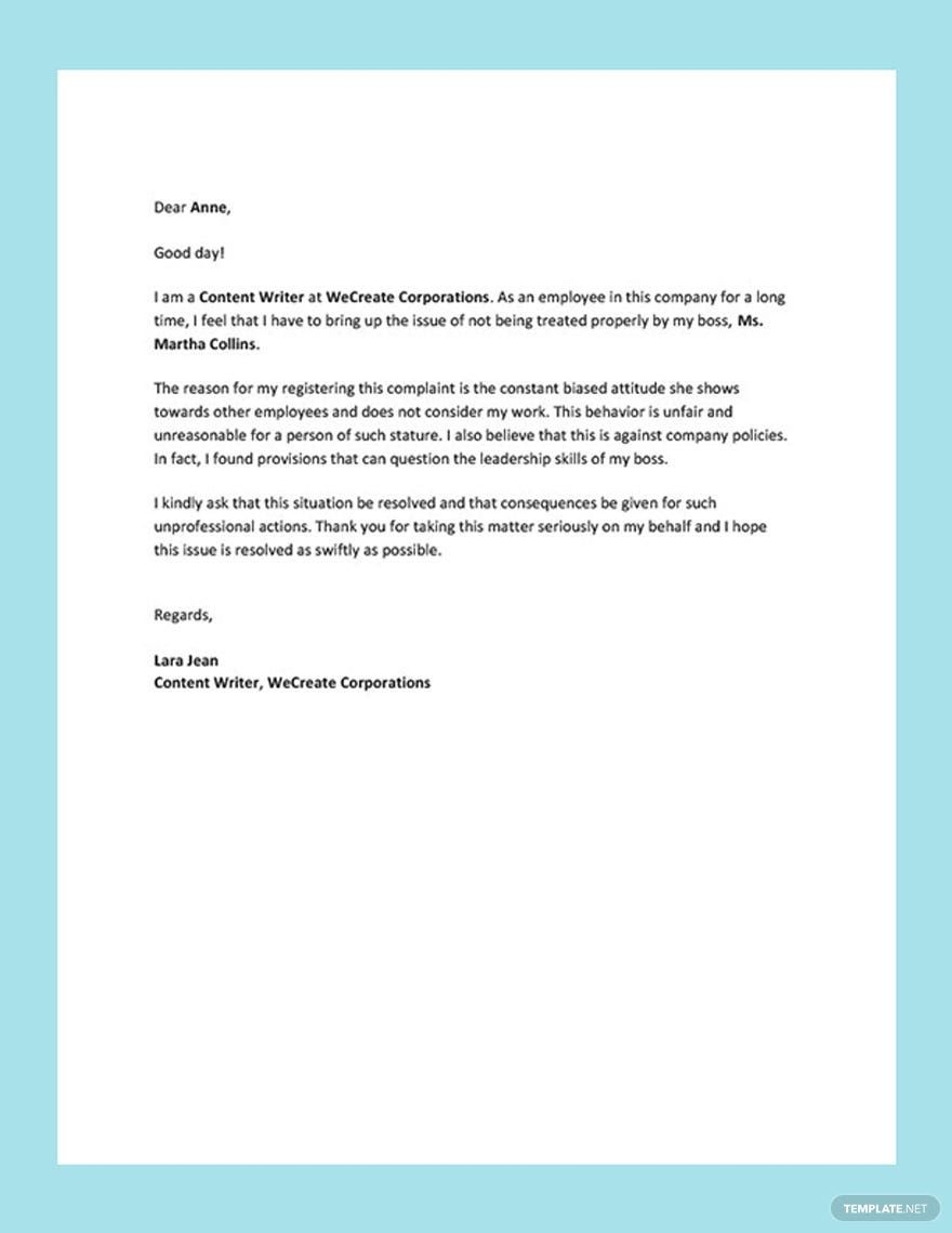 Complaint Letter About Your Boss Template In Word Google Docs Pages