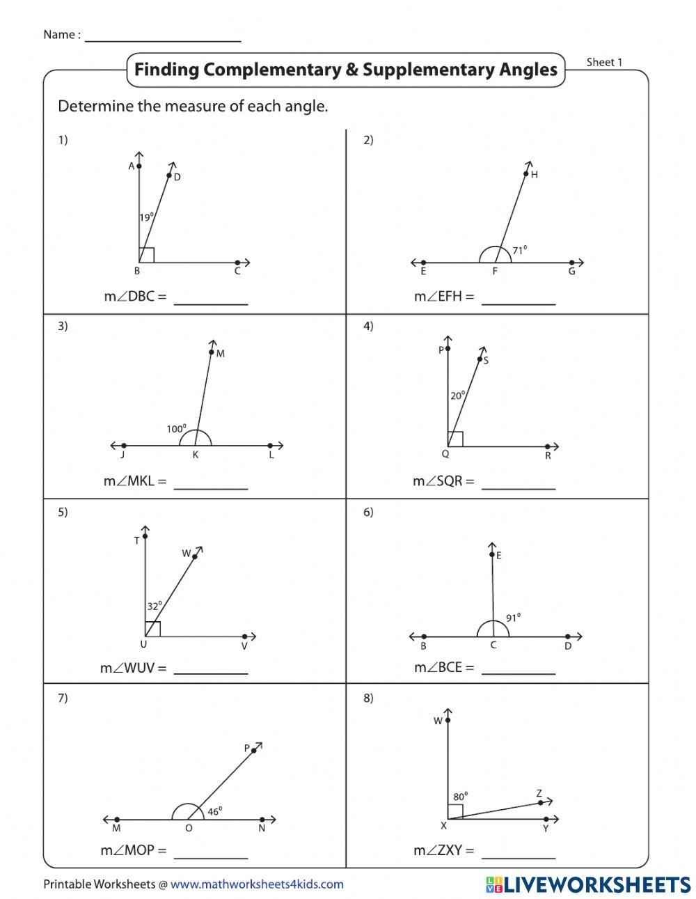 complementary angles and supplementary angles worksheet