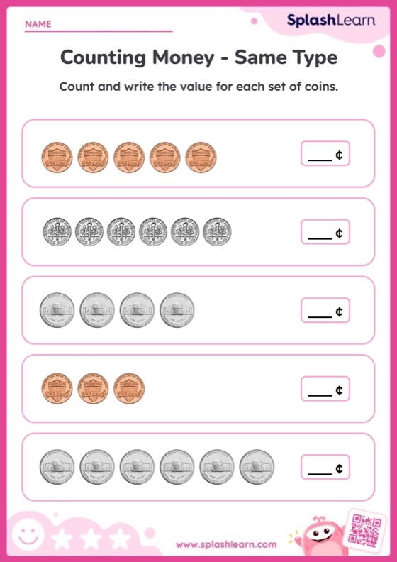 Counting Coins Of The Same Type Printable Math Worksheet Worksheets 