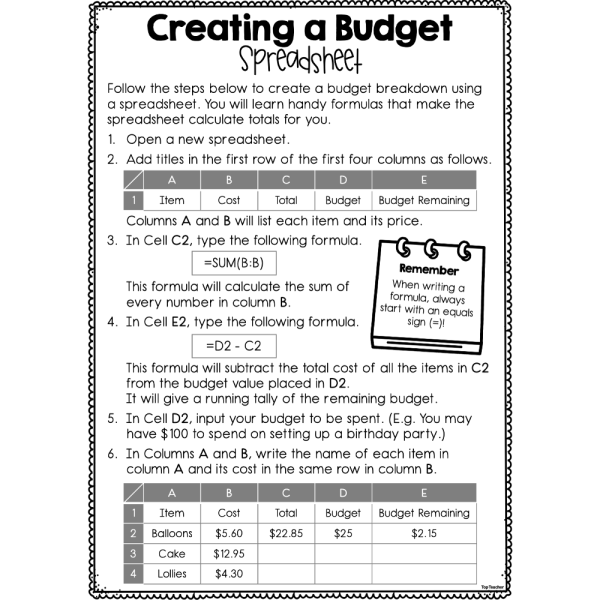 Creating A Budget Spreadsheet Activity Top Teacher Worksheets Library