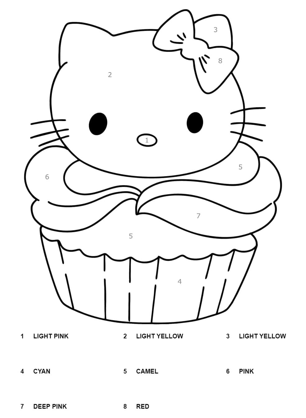 Cupcake Hello Kitty Color By Number Coloring Page Free Printable 