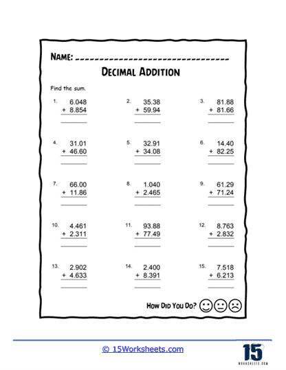 Decimal Addition Worksheets 15 Worksheets