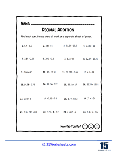decimal addition worksheets