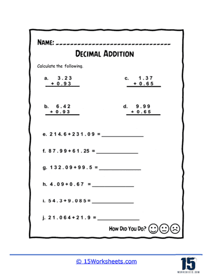 Decimal Addition Worksheets 15 Worksheets
