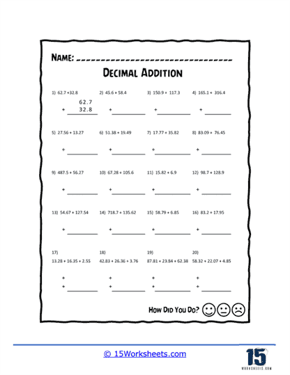 Decimal Column Addition Worksheets Worksheets Library