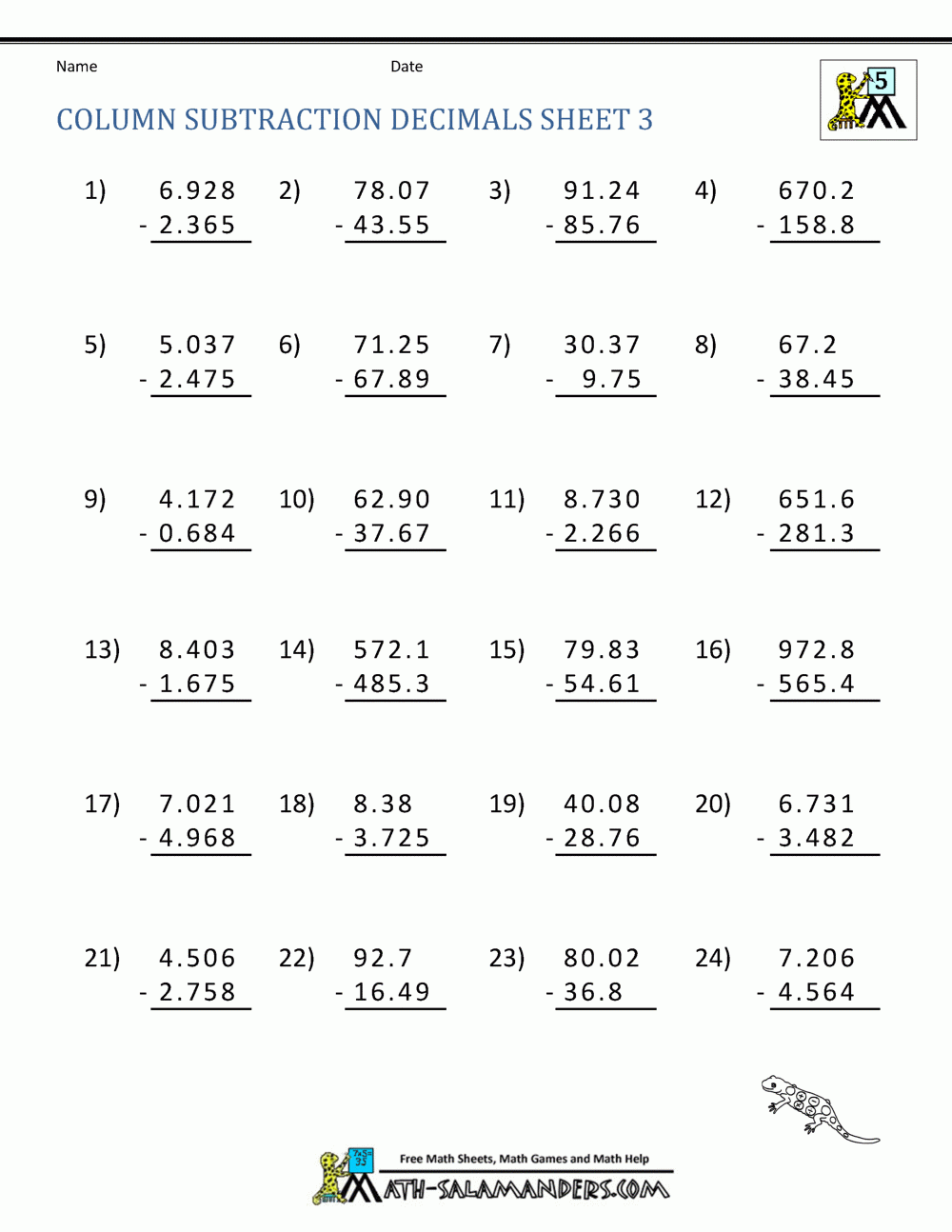 decimal worksheets for 5th graders
