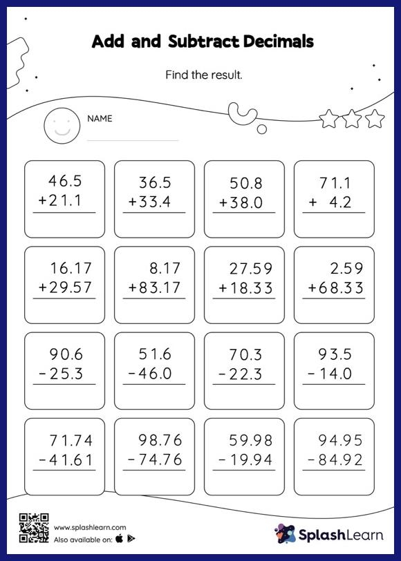 addition and subtraction of decimals worksheets