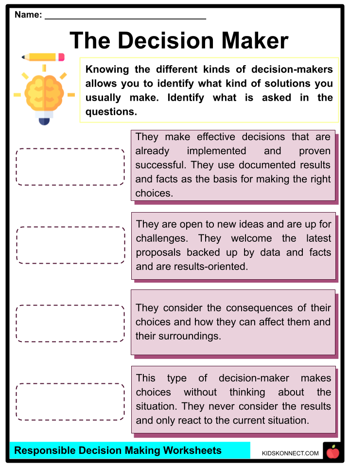 Decision Making Worksheets Facts Types Process Outcomes