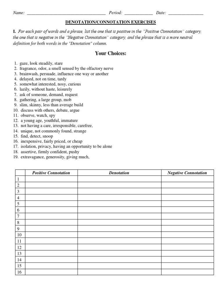 connotation and denotation worksheets