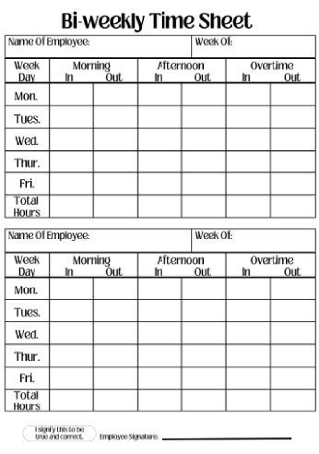 Digital Printable Employee Bi weekly Time Sheet Work Log 