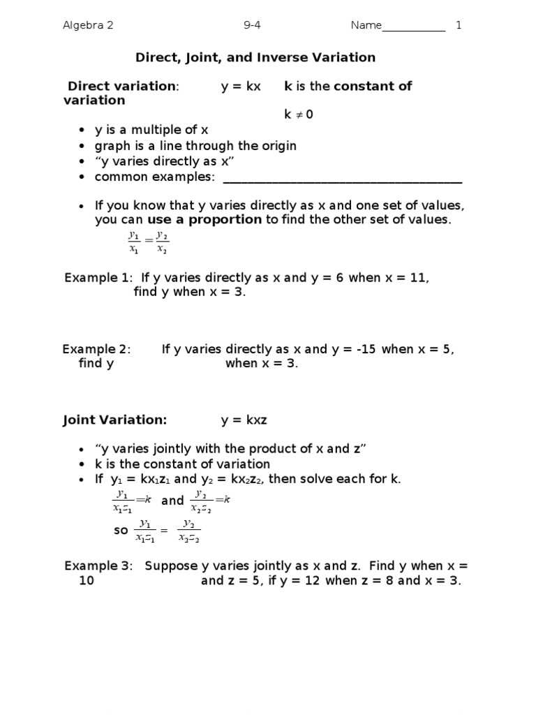 Direct Joint And Inverse Variation Direct Variation K Is The 