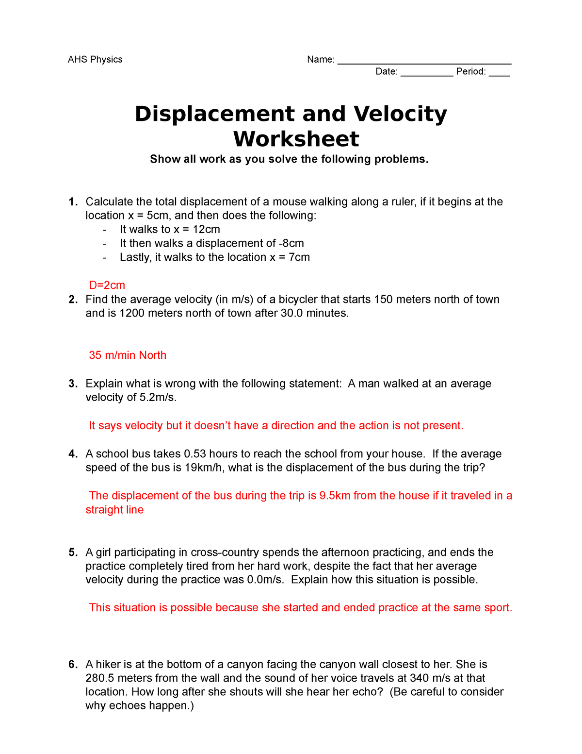 average velocity worksheet ap physics 1