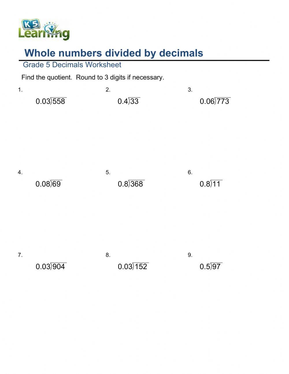 Dividing Whole Numbers By Decimals Worksheet Live Worksheets 
