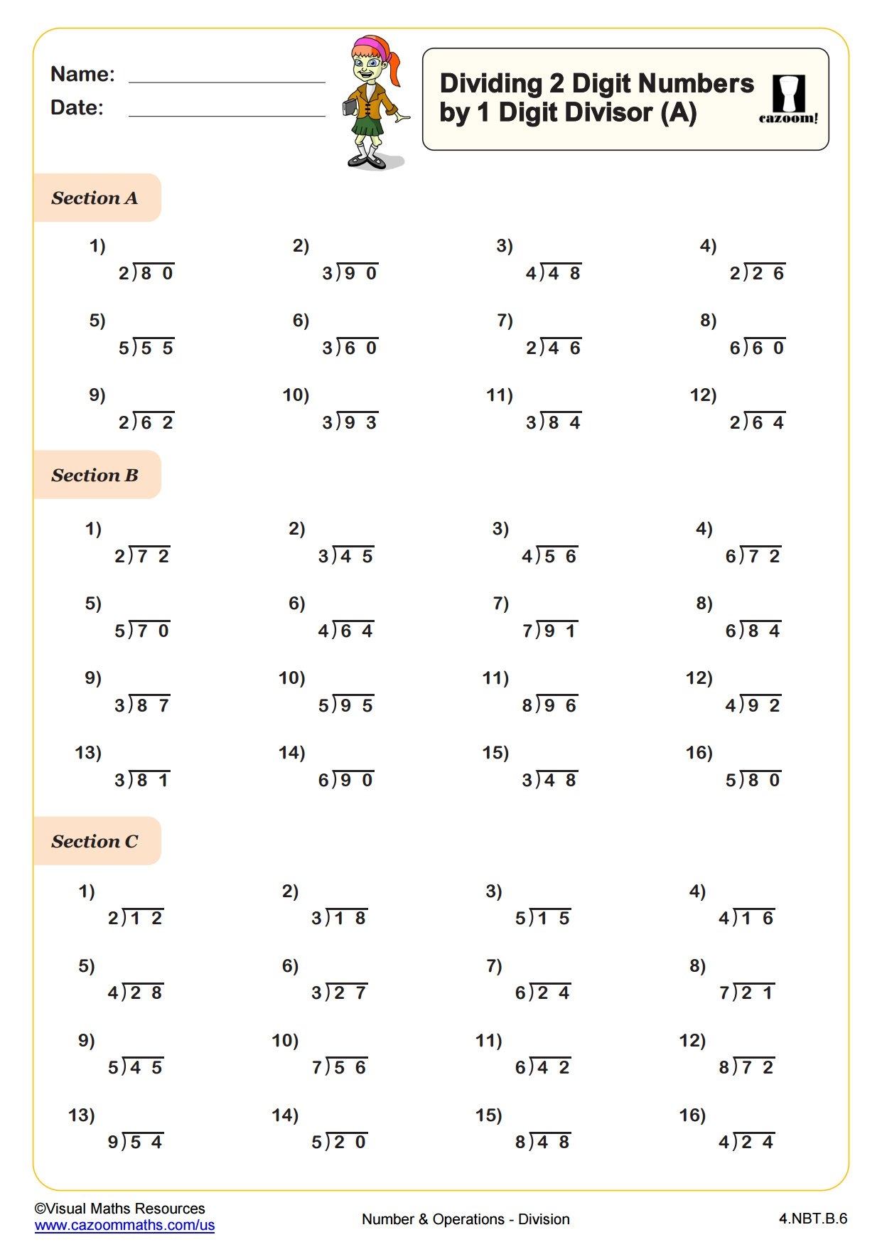 4 digit x 1 digit division worksheet