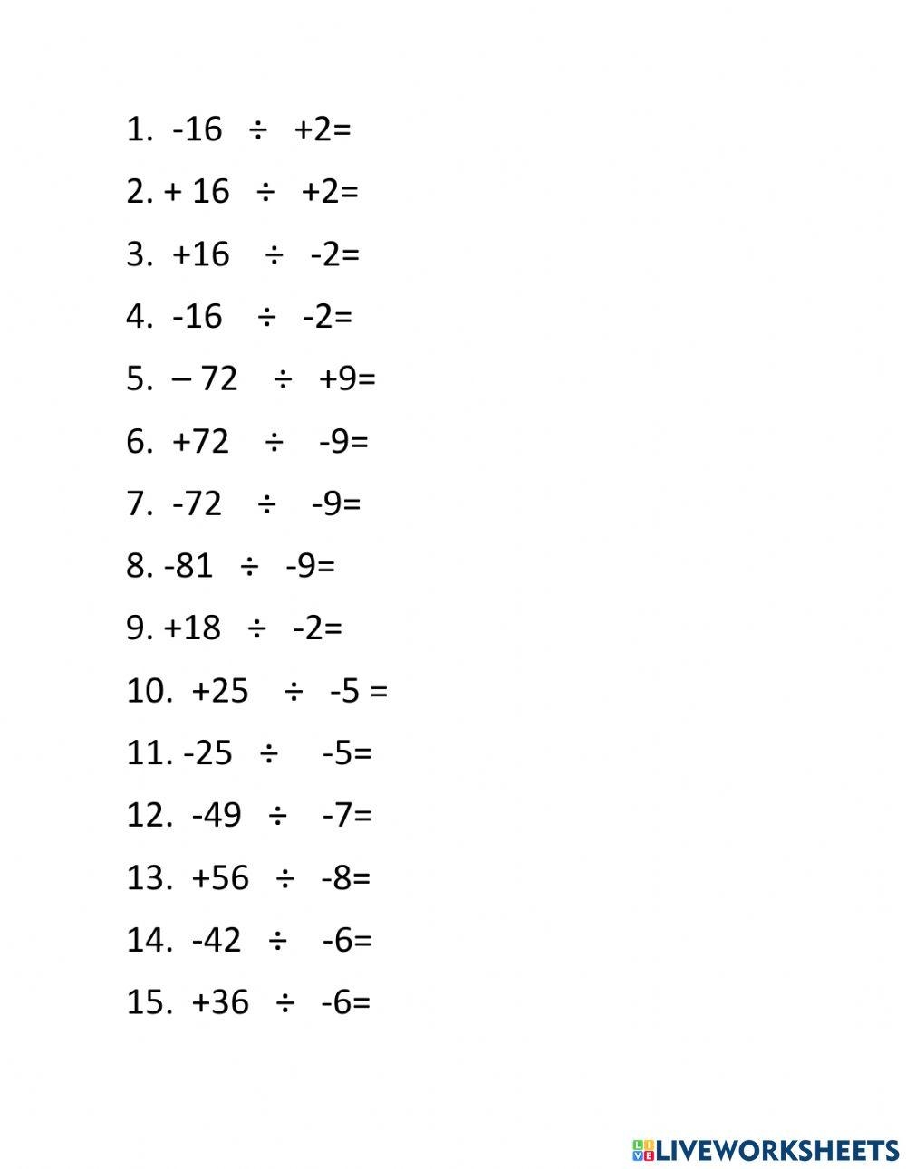Division Of Integers Worksheet Live Worksheets Worksheets Library