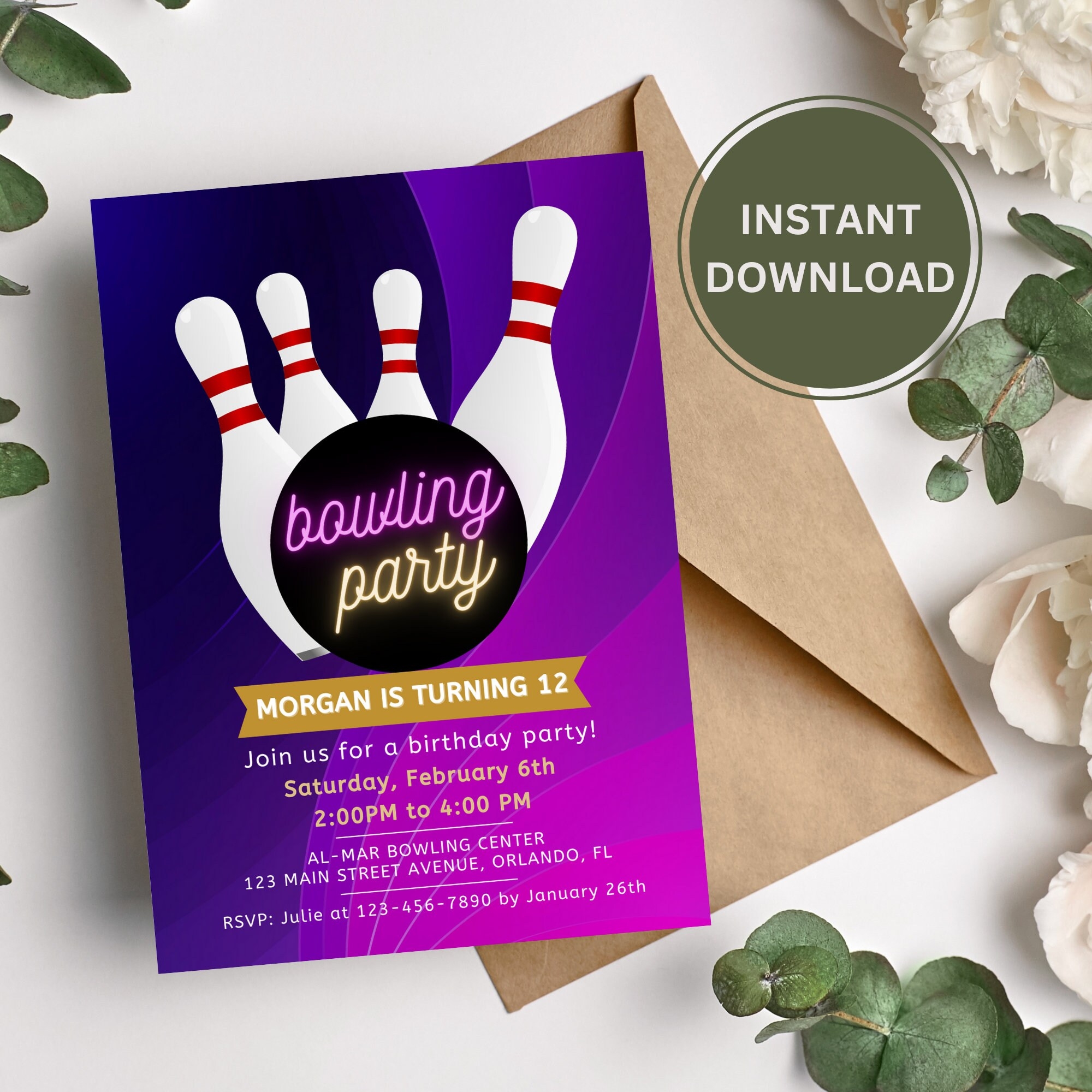 DIY Editable Birthday Invite Template Invitation Template Bowling 