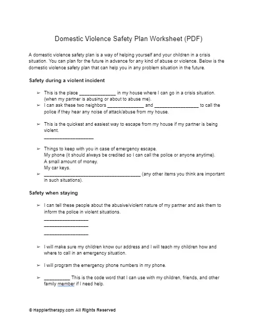 Domestic Violence Safety Plan Worksheet HappierTHERAPY Worksheets 