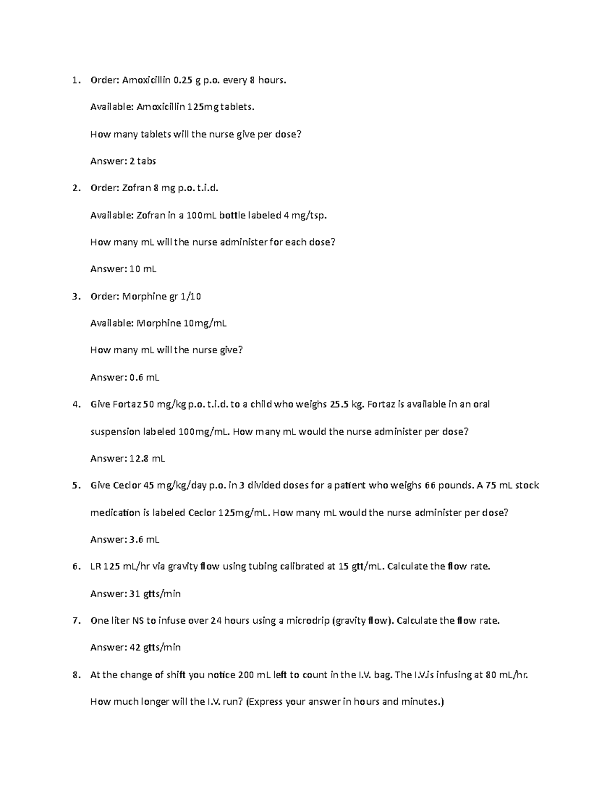 Dosage Calculations Worksheet With Answers