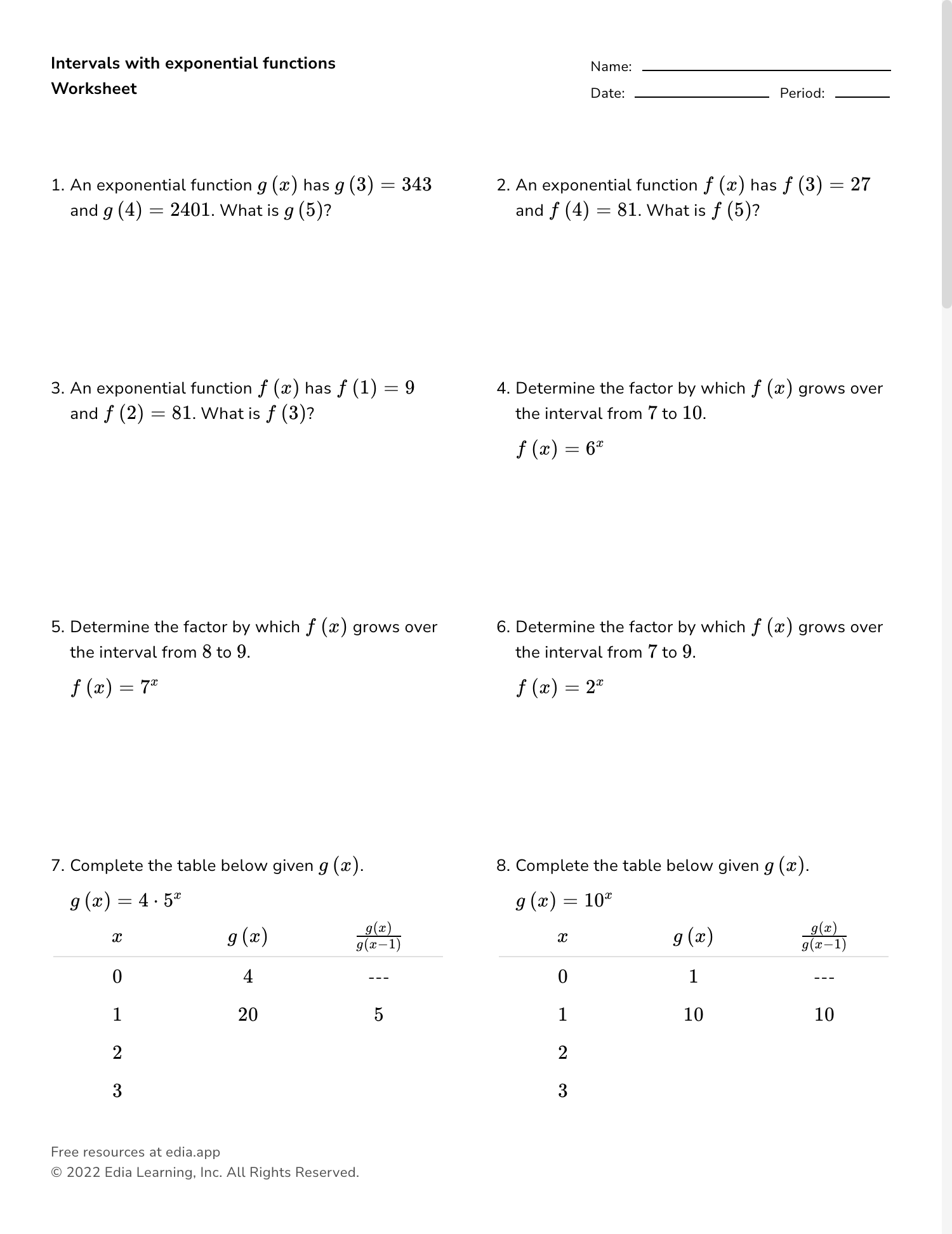 exponential graphs worksheet