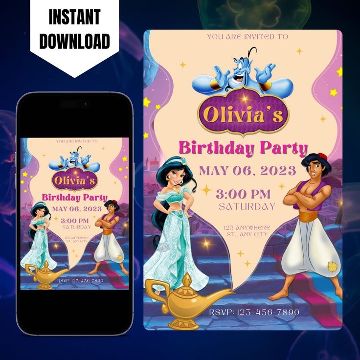 Editable Jasmine Aladdin Birthday Invitation Template Printable 