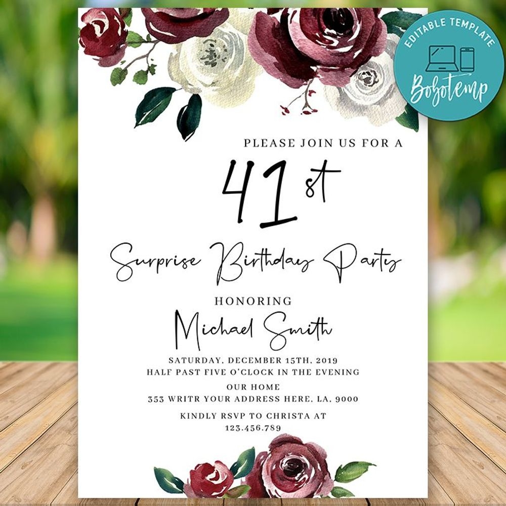 Editable Surprise 41st Women Birthday Invitation Instant Download 