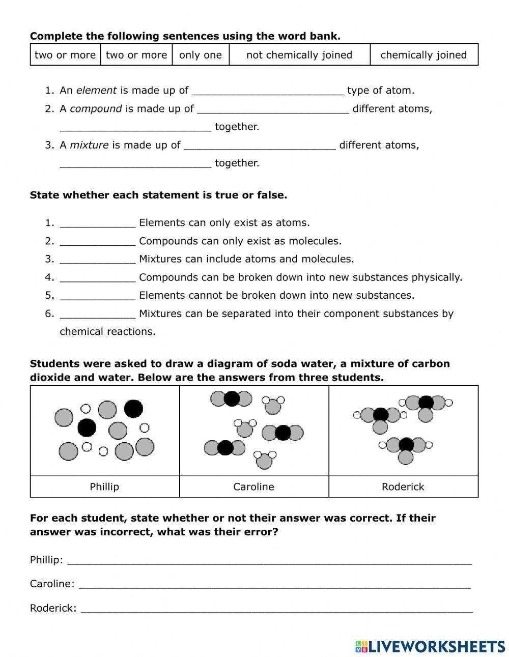 elements compounds & mixtures worksheet