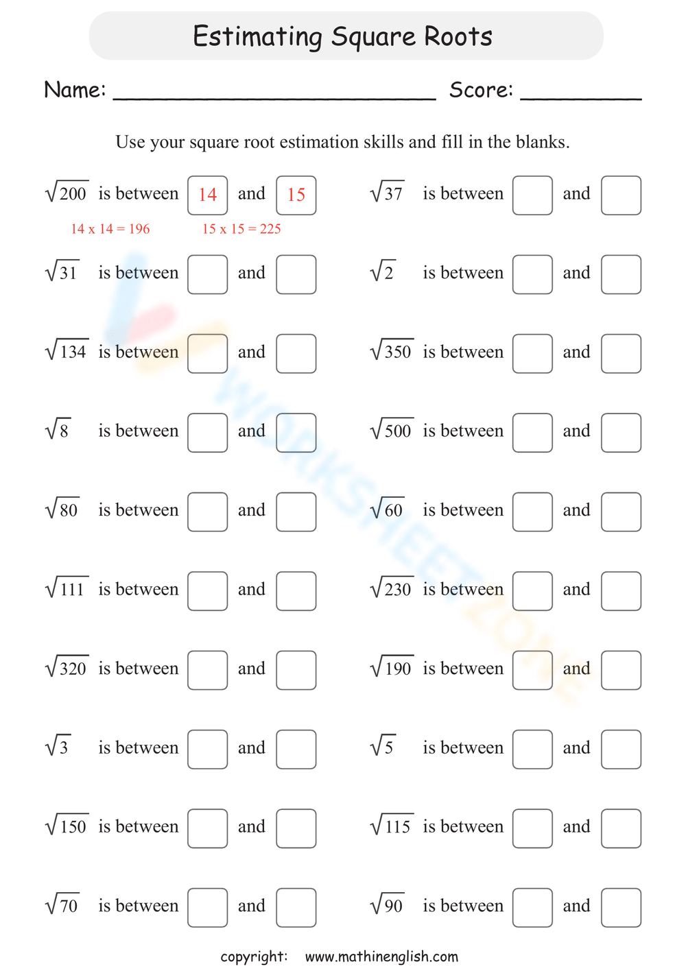 estimating square roots worksheet