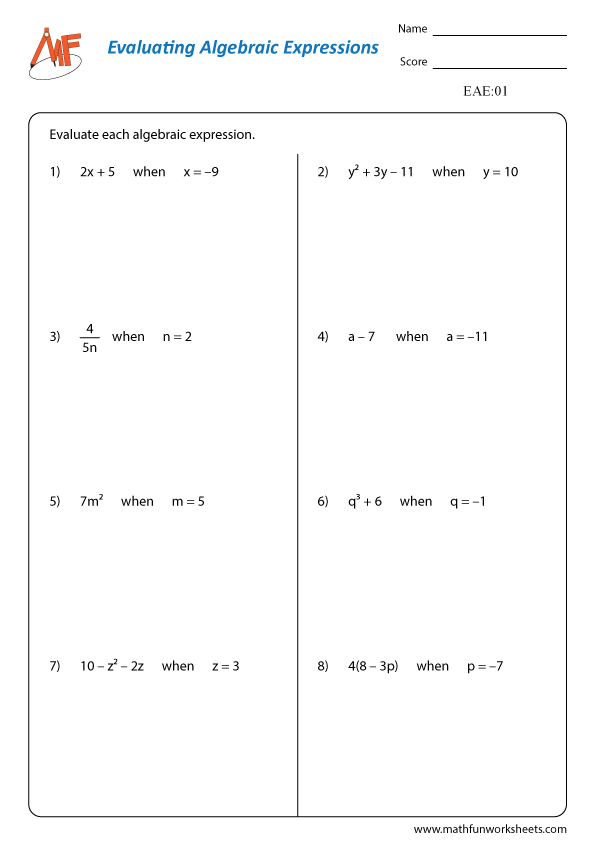 evaluating expressions worksheet 7th