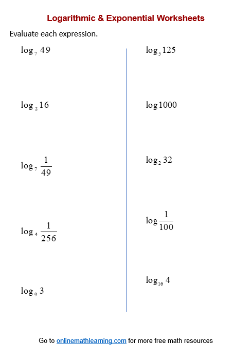 logarithm worksheet