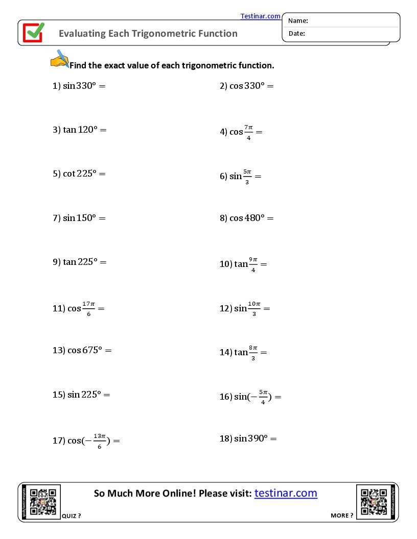 Evaluating Each Trigonometric Function Worksheets Worksheets Library
