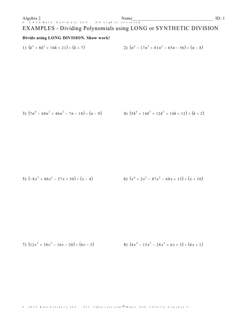 EXAMPLES Dividing Polynomials Using LONG Or SYNTHETIC DIVISION 