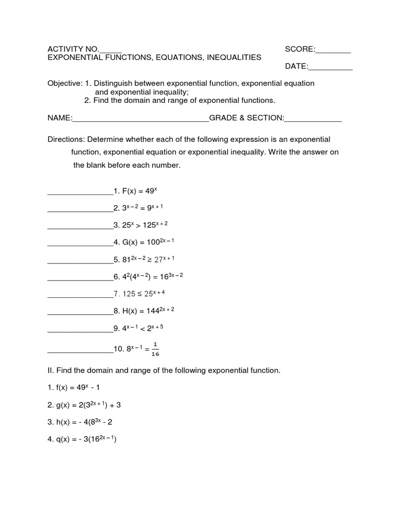 exponential functions worksheet graph the functions