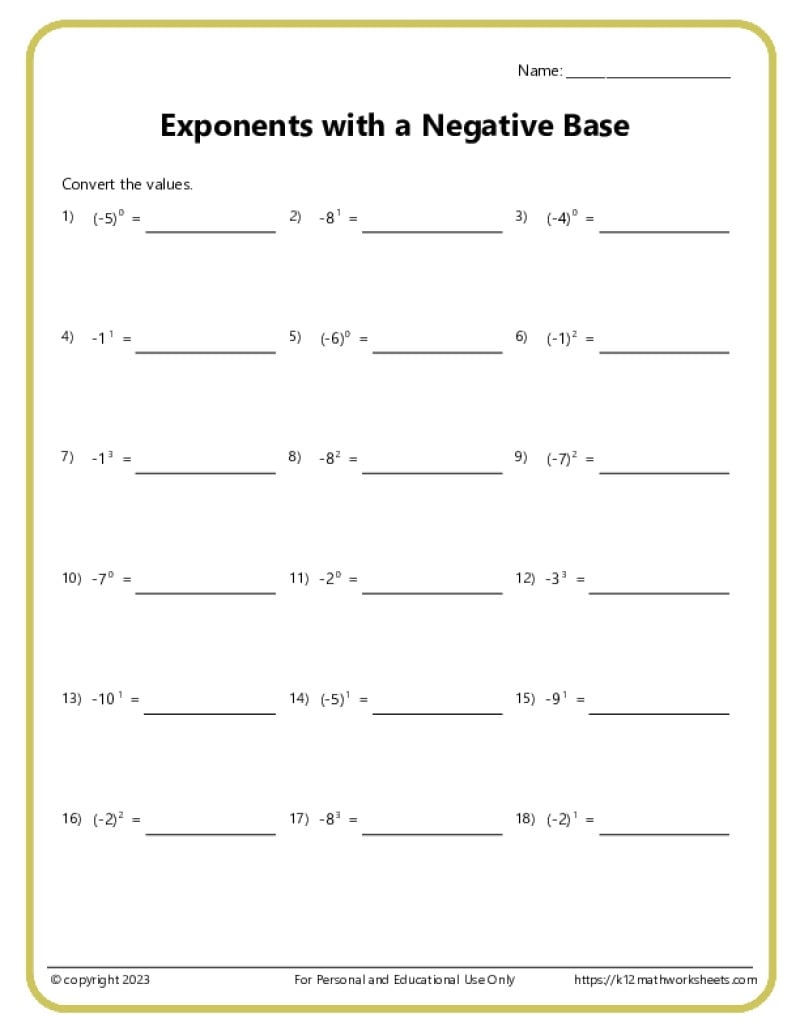 Exponents Worksheets