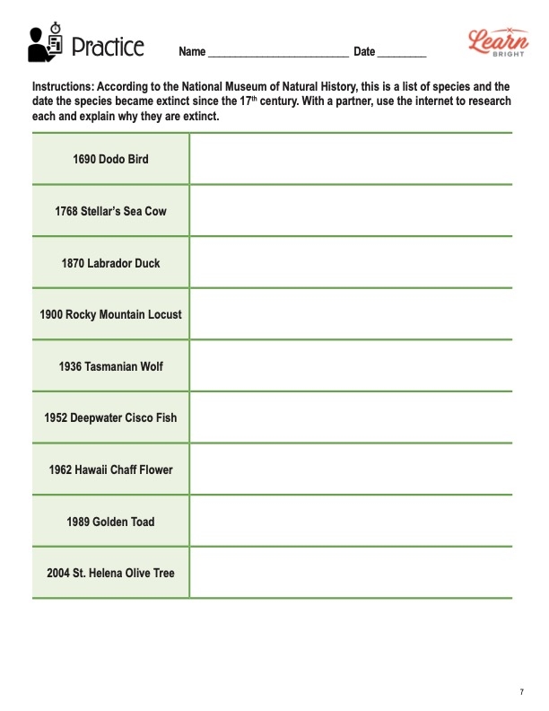 Extinction STEM Worksheets Library