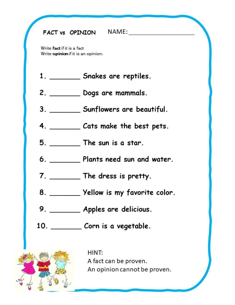 Fact Or Opinion Worksheet For 1st 2nd Grade Lesson Planet 