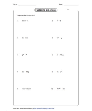 Factoring Binomials Worksheet PDF Free Download PRINTABLE 