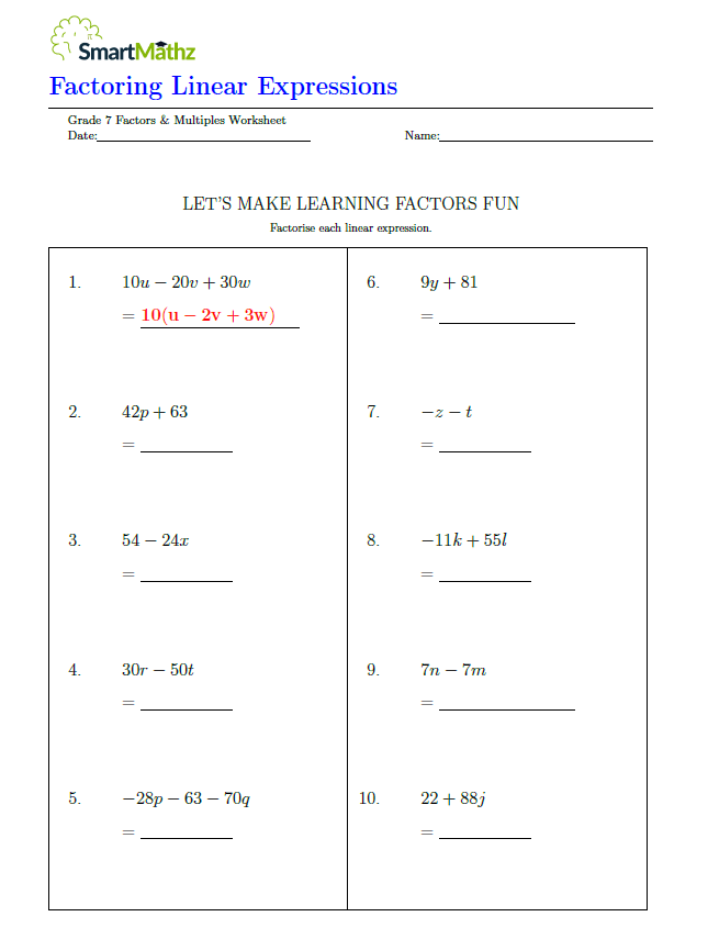 Factoring Linear Expressions SmartMathz Worksheets Library