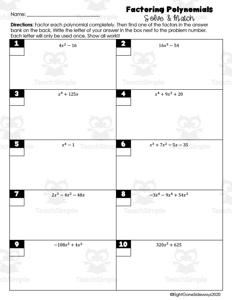 Factoring Polynomials Solve Match Worksheet Worksheets Library