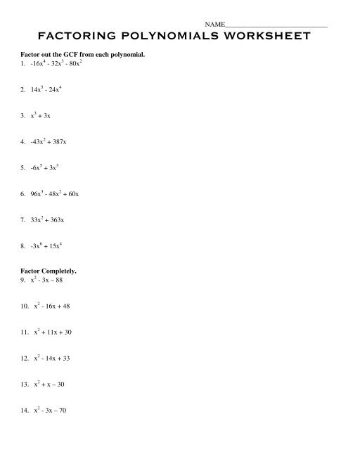 Factoring Polynomials Worksheets With Answer Key Worksheets Library