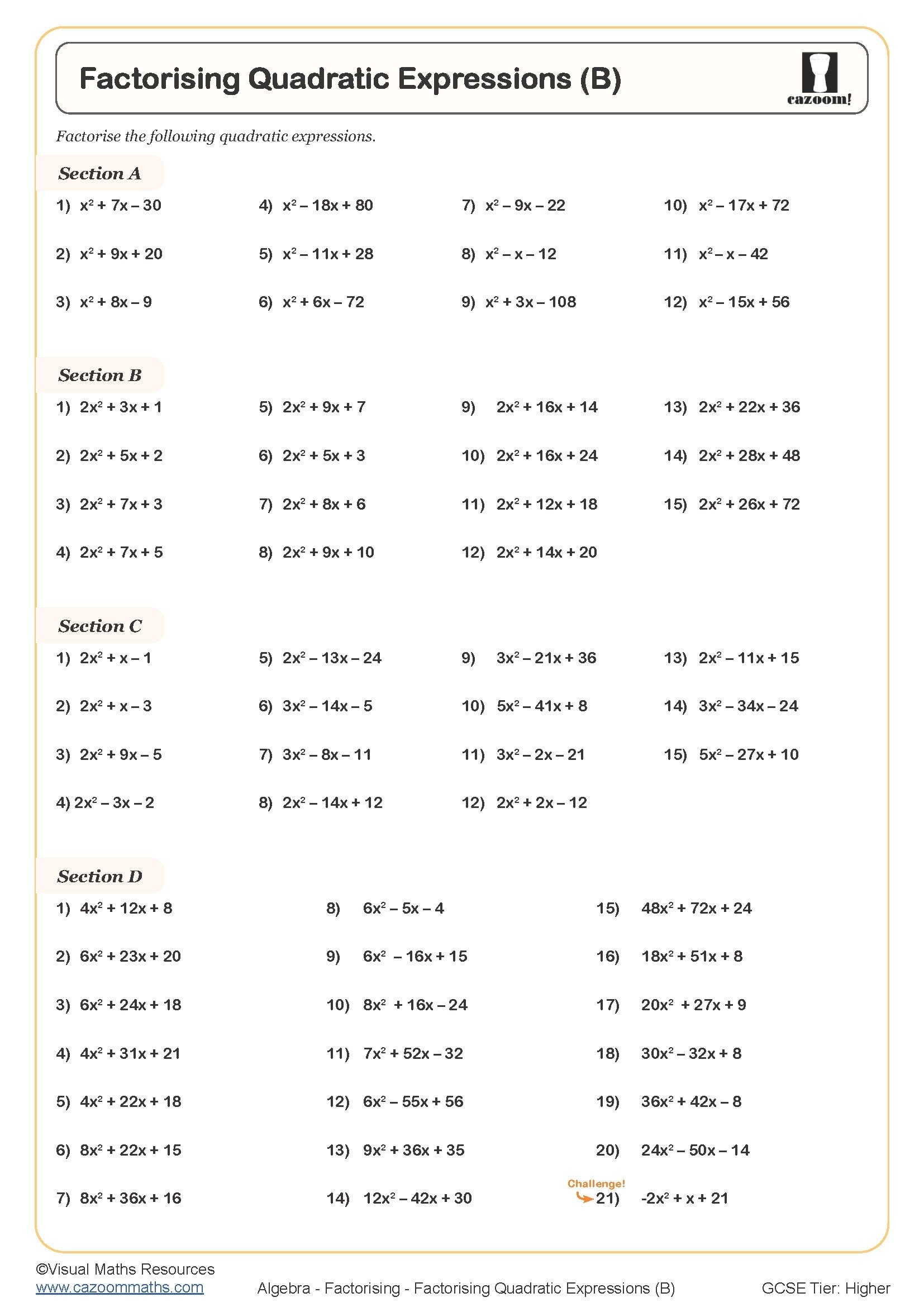 factorise quadratics worksheet