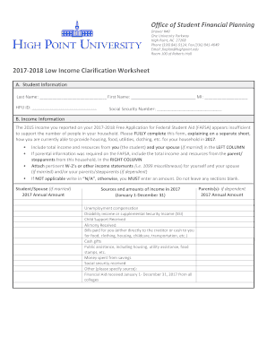 Fillable Online Highpoint 17 18 Low Income Clarification Worksheet 