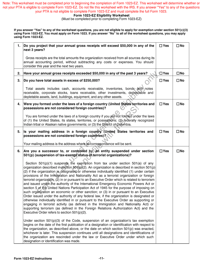 Fillable Online Pta Form 1023Ez Eligibility Worksheet Db excel