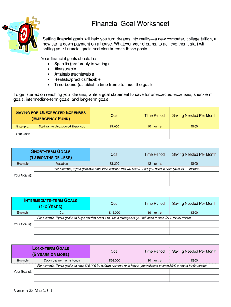 Financial Goal Worksheet Sudent Handout 2b Fillable Online F