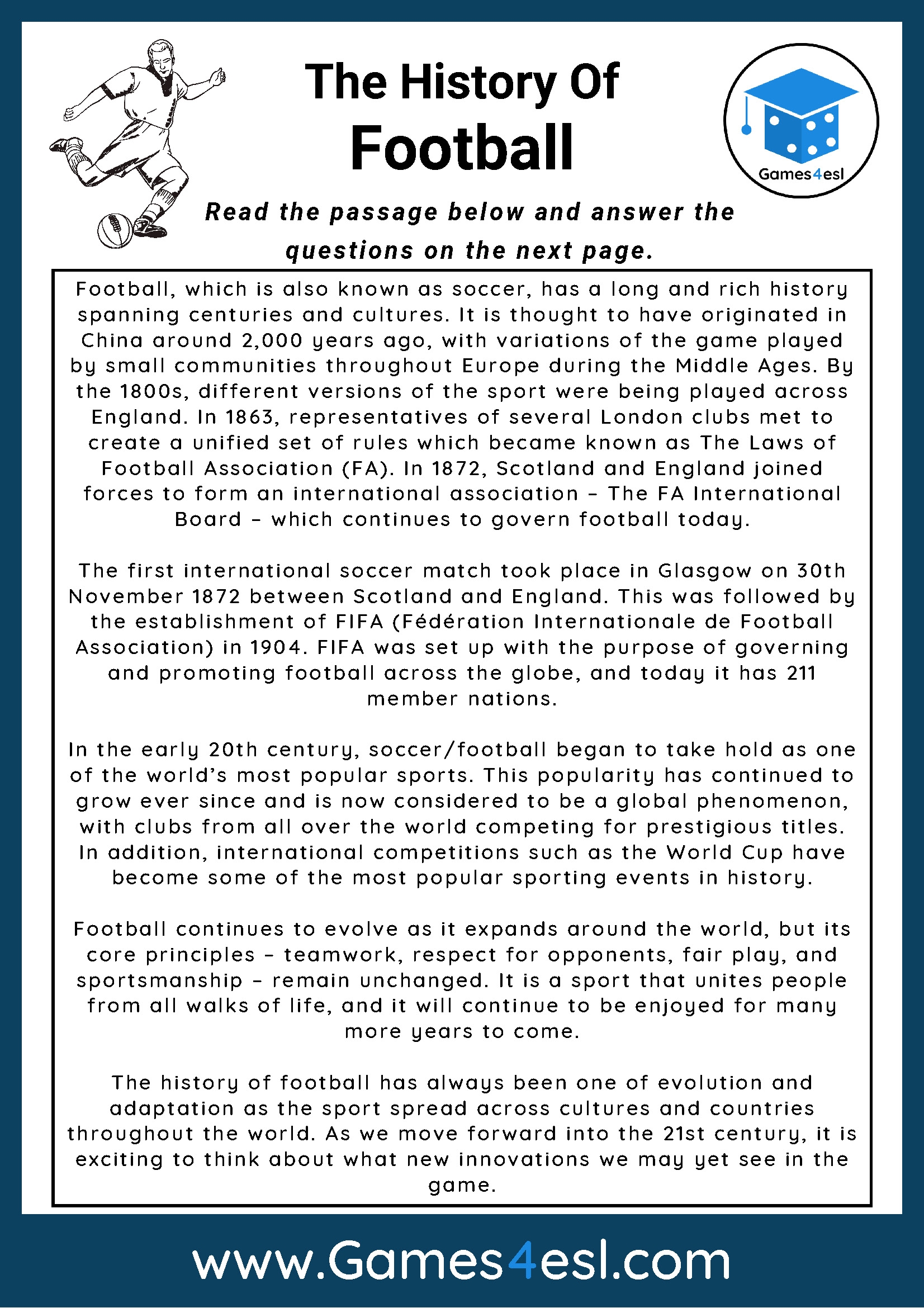 Football Reading Comprehension Worksheet Games4esl Worksheets Library