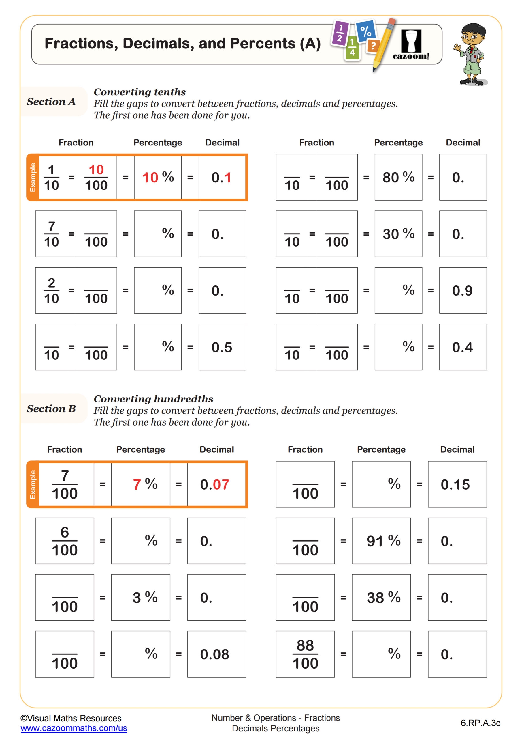 Fractions Decimals And Percents A Worksheet 6th Grade PDF 