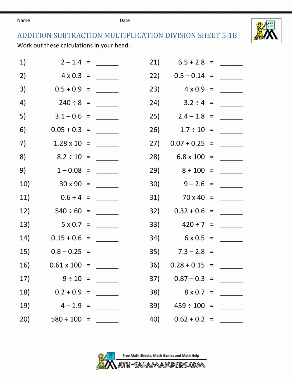 Free Add Subtract Multiply And Divide Decimals Worksheet Download Free 