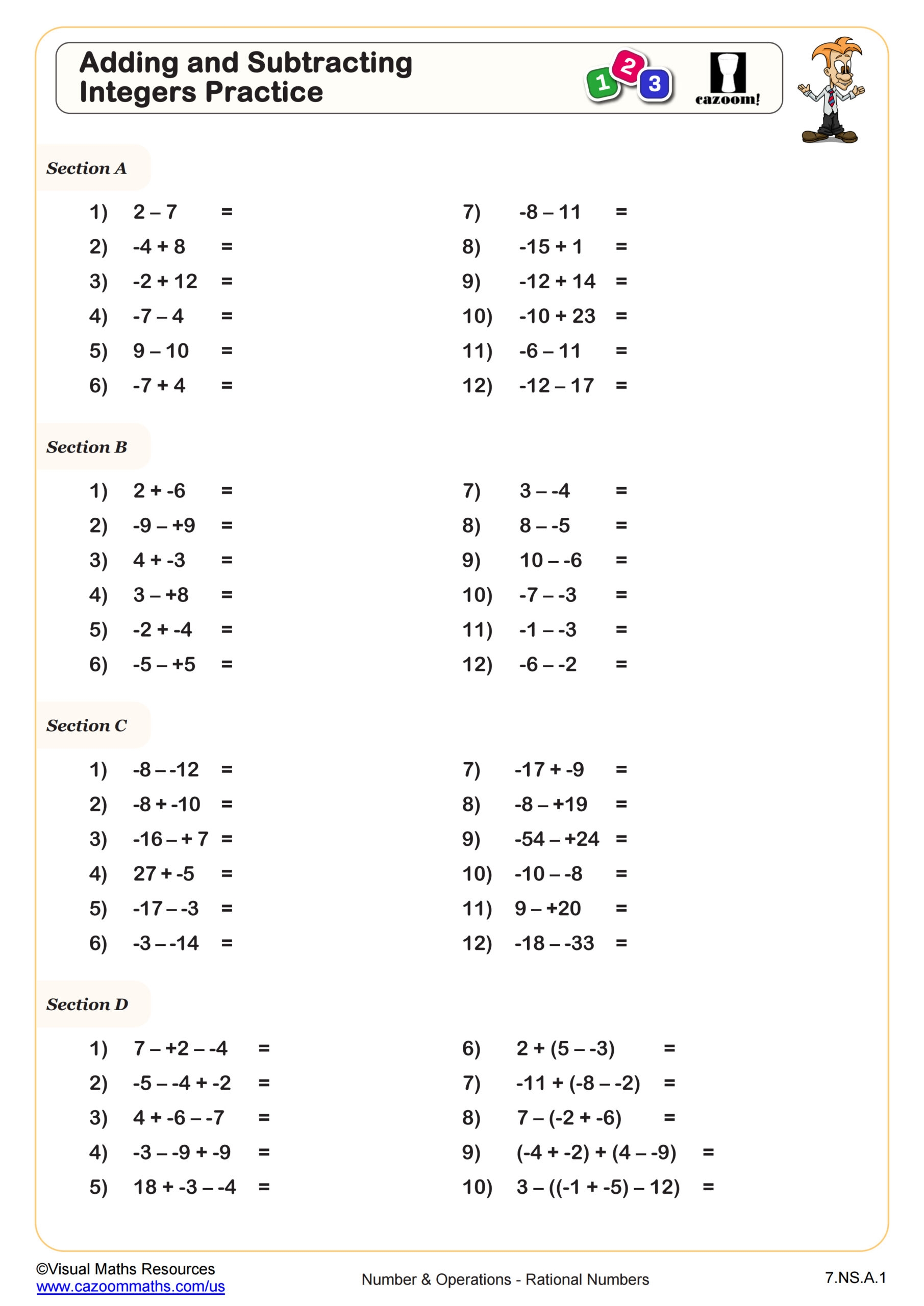 Free Adding And Subtracting Negative Integers Worksheet Download Free 