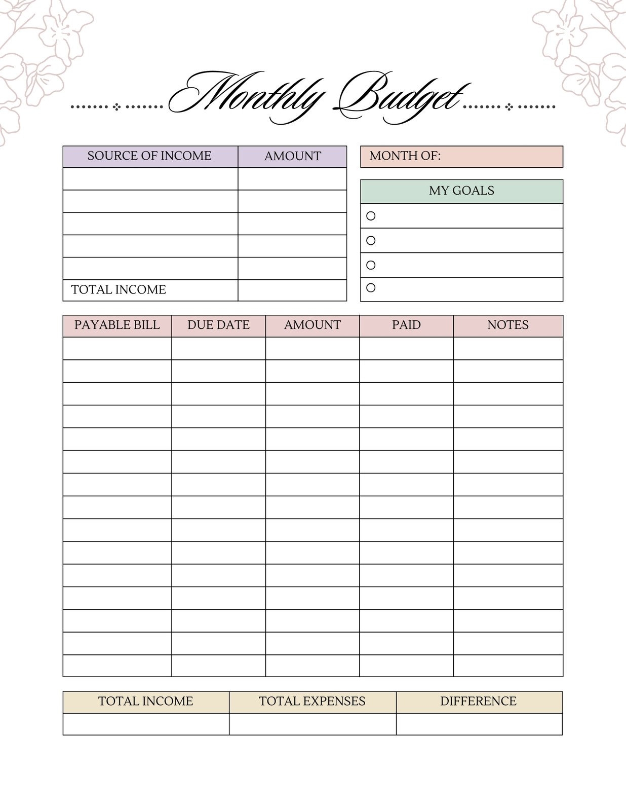 monthly budget worksheet printable pdf free