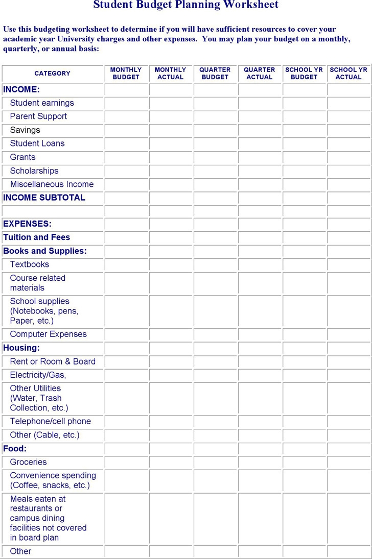 Free Budgeting Worksheets For Students Budgeting Worksheets